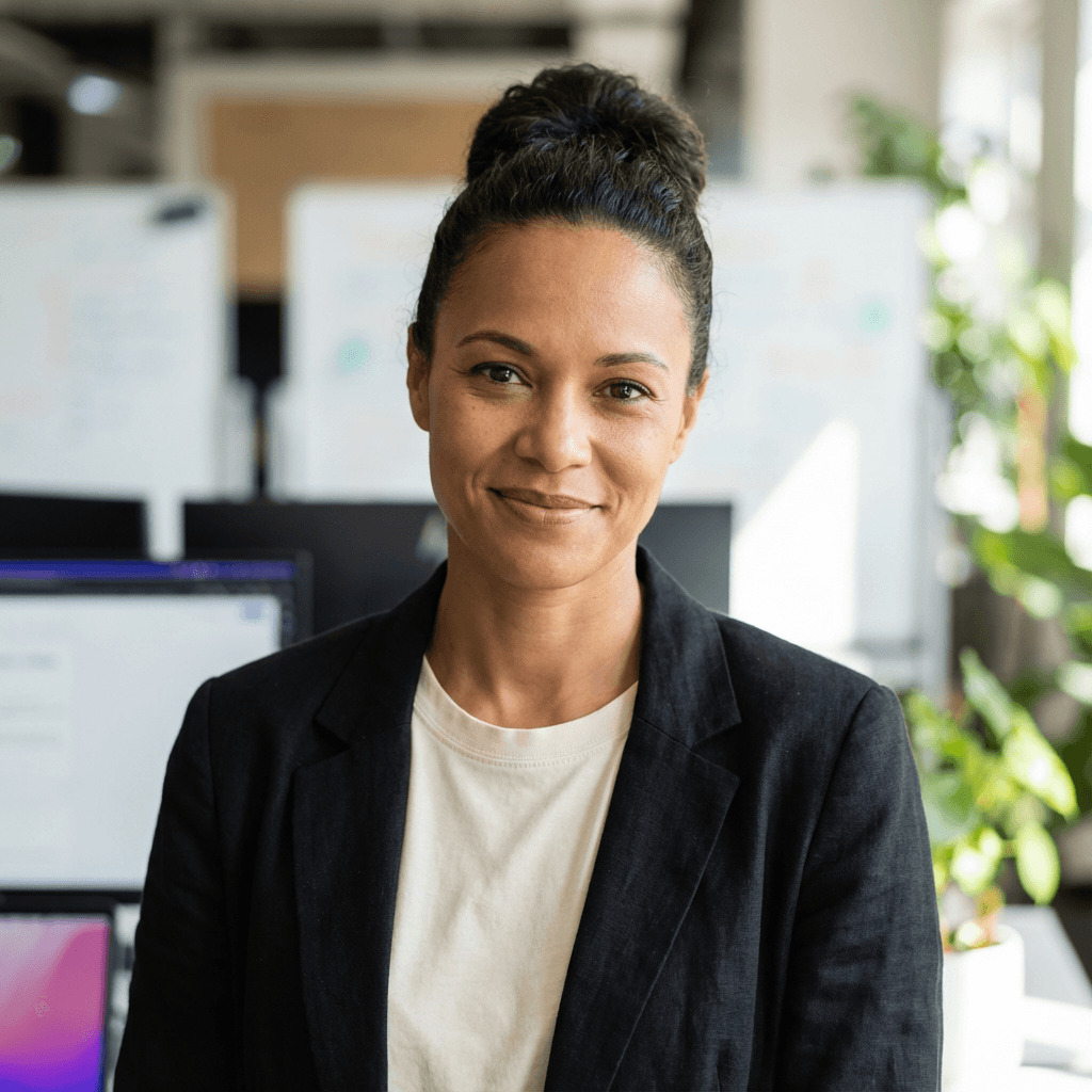 Amanda Reyes in a navy blazer in a warehouse office