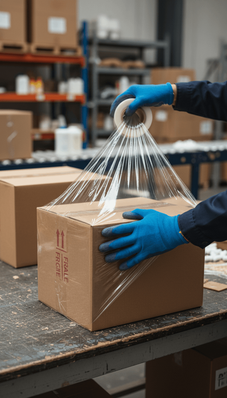 Close-up of hands wrapping a box with protective plastic in a packaging work area