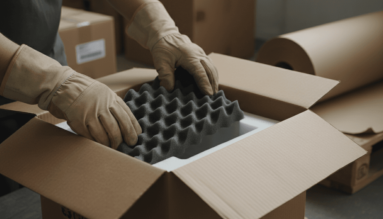 Worker hands preparing protective packaging for a product